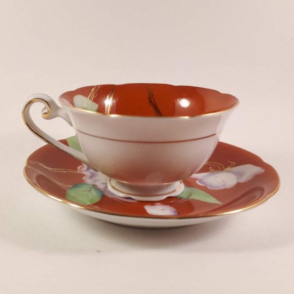 RARE !! Kyokuto Orange teacup and saucer with large flower Japan - Picture 6 of 11